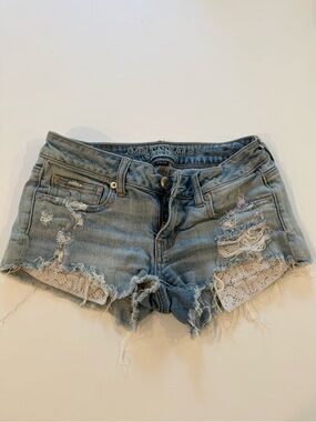 American Eagle Outfitters Light Blue Distressed Denim Shorts with Lace